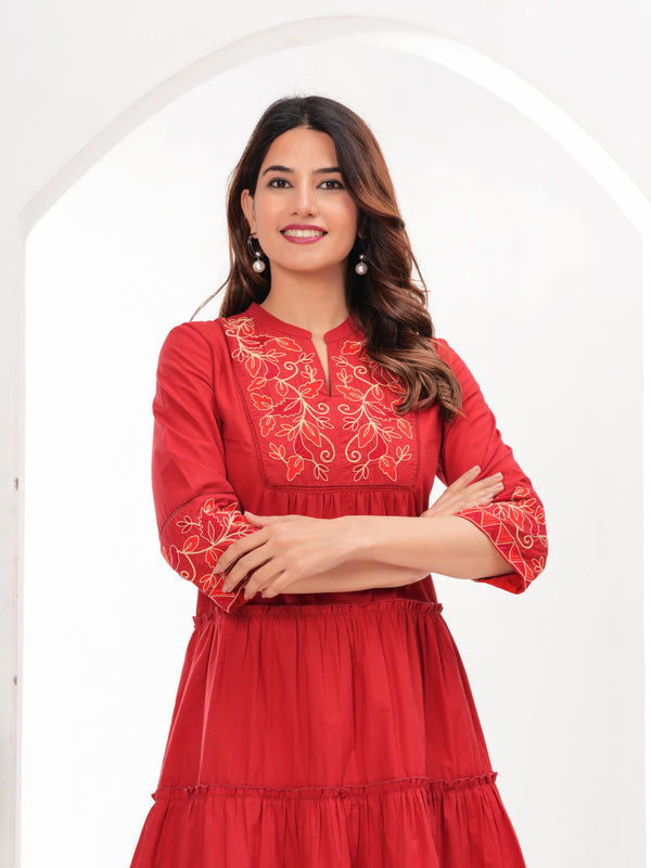 Red Cotton Embroidered Midi Dress with Closed Neck & 3/4th Sleeves