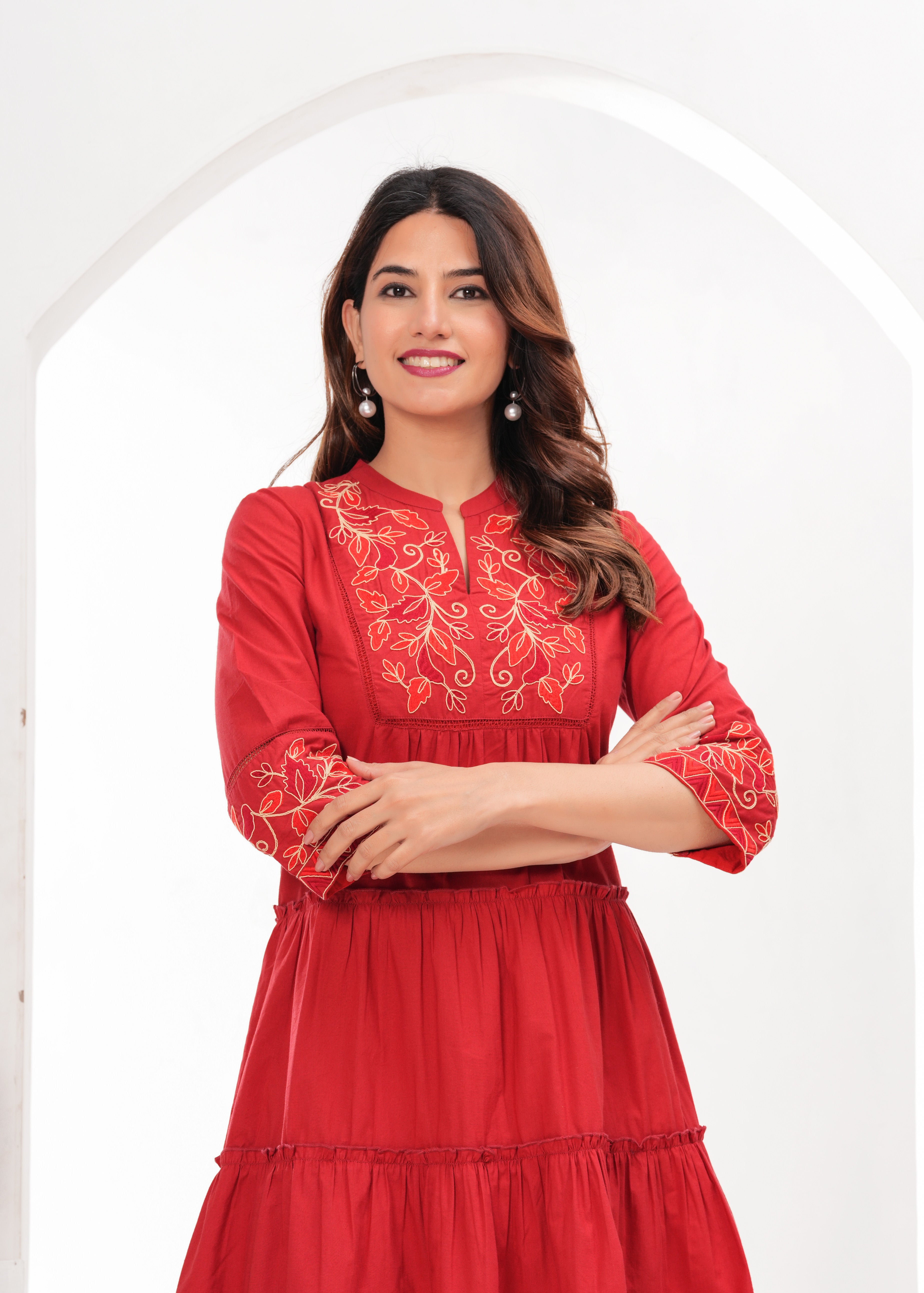 Red Cotton Embroidered Midi Dress with Closed Neck & 3/4th Sleeves