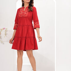 Red Cotton Embroidered Midi Dress with Closed Neck & 3/4th Sleeves