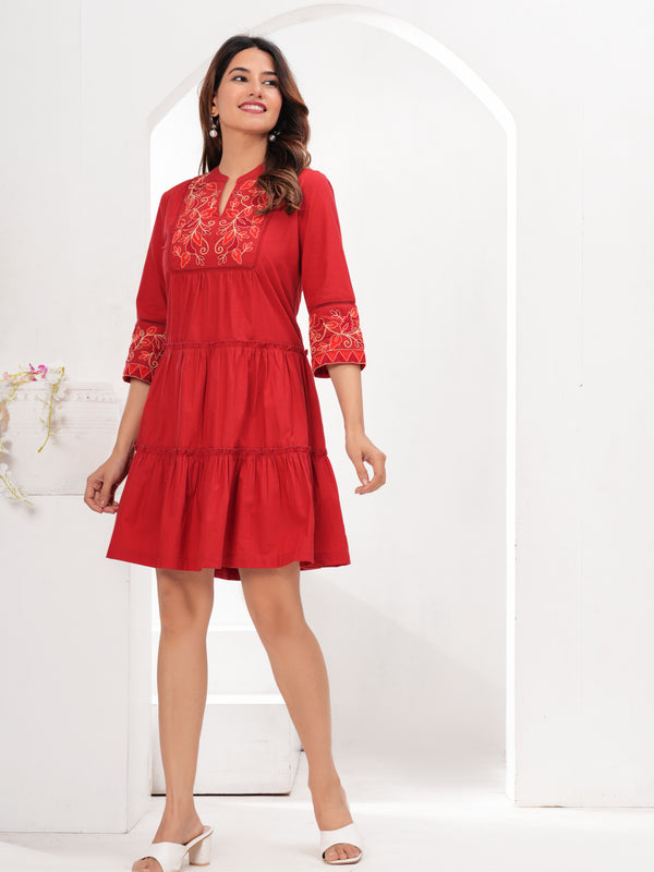 Red Cotton Embroidered Midi Dress with Closed Neck & 3/4th Sleeves