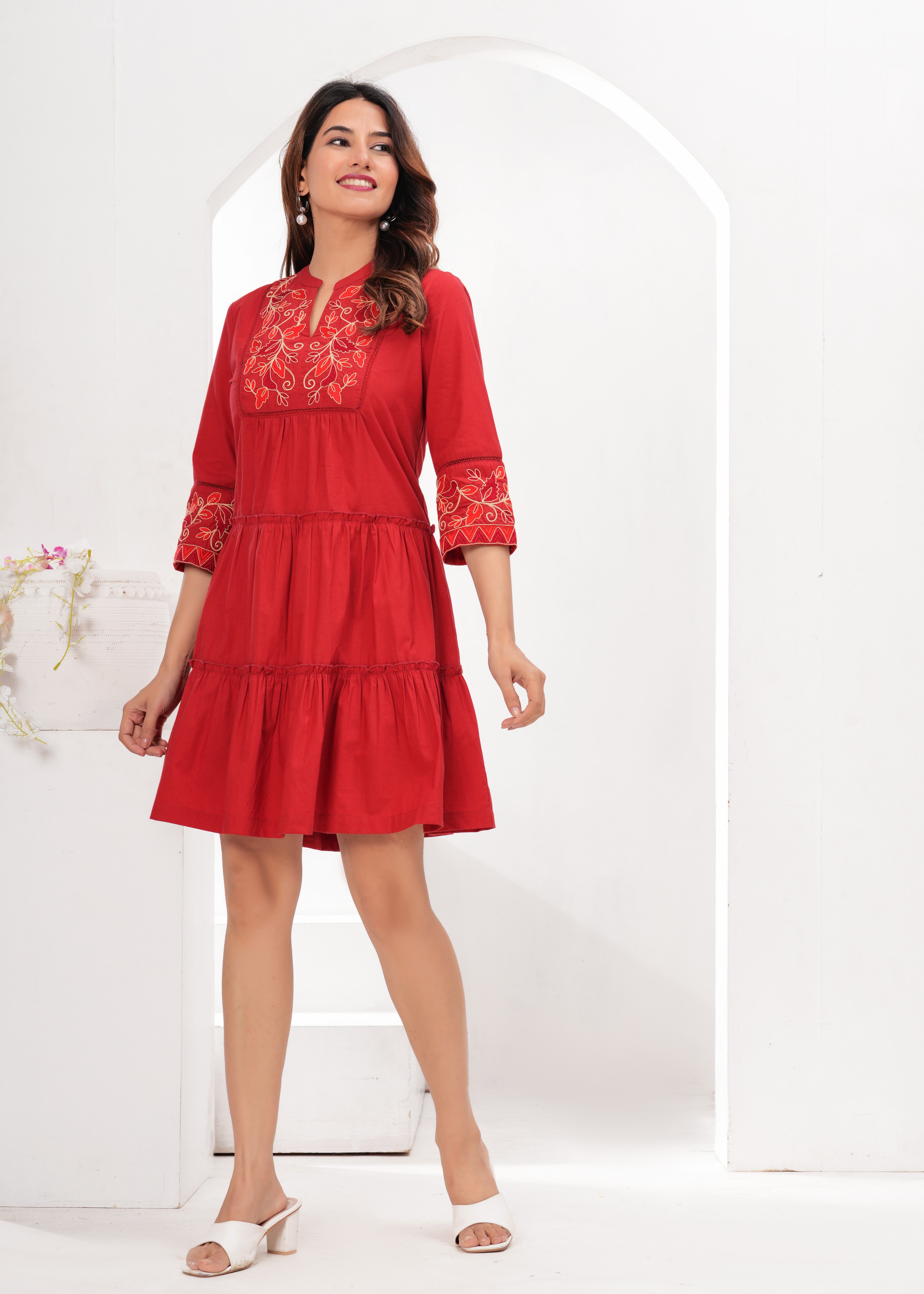 Red Cotton Embroidered Midi Dress with Closed Neck & 3/4th Sleeves