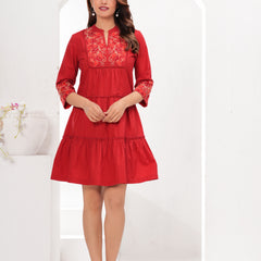 Red Cotton Embroidered Midi Dress with Closed Neck & 3/4th Sleeves