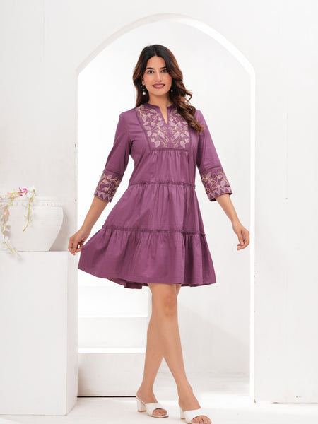 Purple Cotton Embroidered Midi Dress with Closed Neck & 3/4th Sleeves