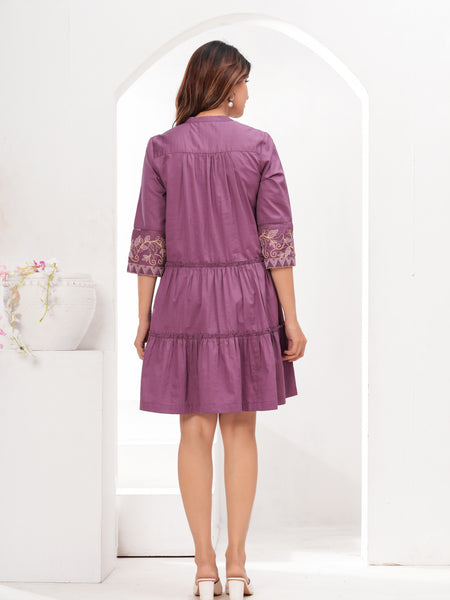 Purple Cotton Embroidered Midi Dress with Closed Neck & 3/4th Sleeves
