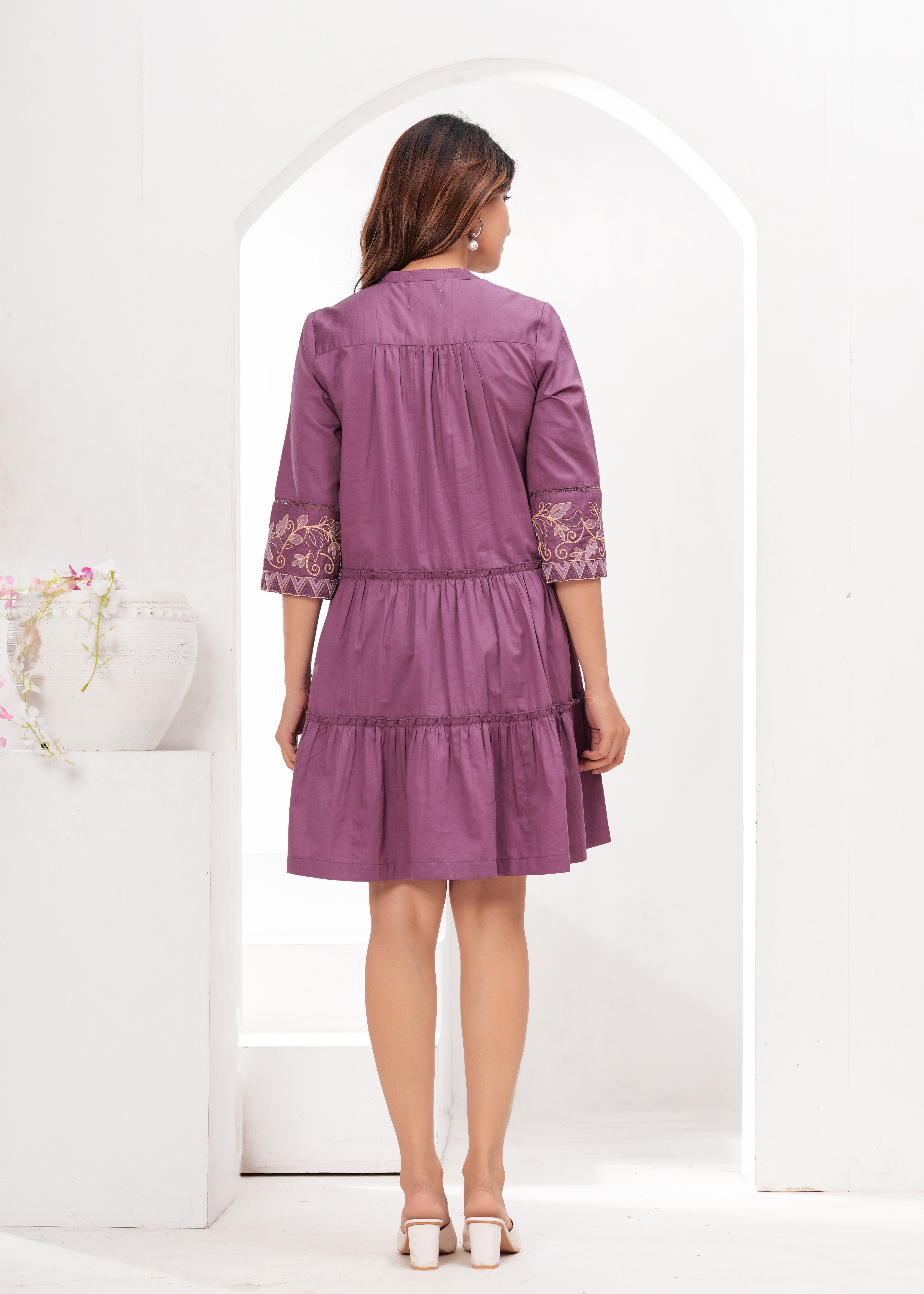 Purple Cotton Embroidered Midi Dress with Closed Neck & 3/4th Sleeves
