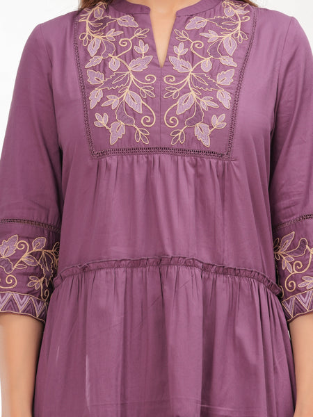 Purple Cotton Embroidered Midi Dress with Closed Neck & 3/4th Sleeves