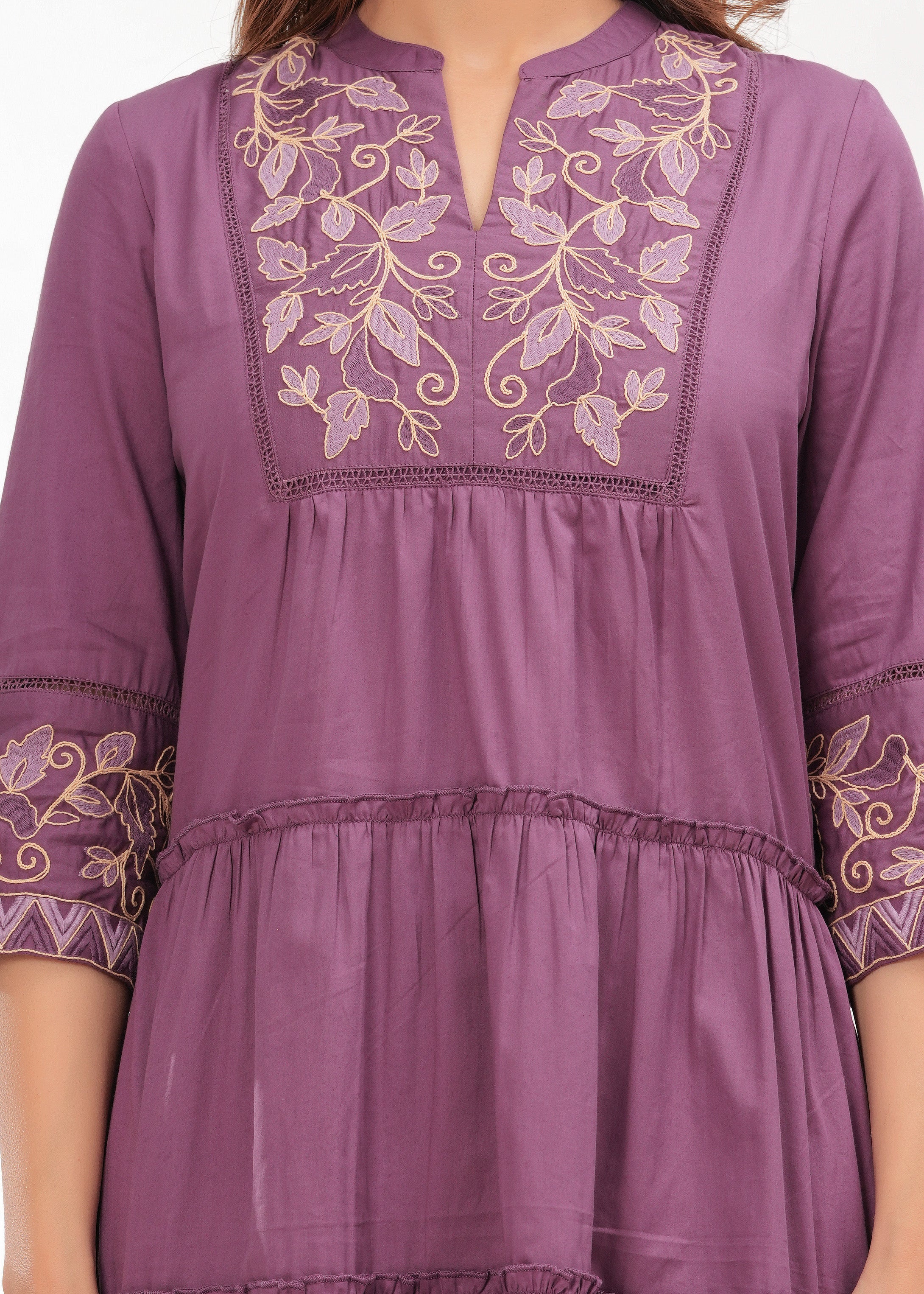 Purple Cotton Embroidered Midi Dress with Closed Neck & 3/4th Sleeves