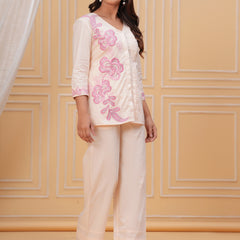 Beige Cotton Embroidered Co-ord Set with V-Neck Shirt & Pants