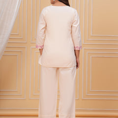 Beige Cotton Embroidered Co-ord Set with V-Neck Shirt & Pants