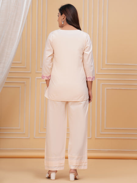 Beige Cotton Embroidered Co-ord Set with V-Neck Shirt & Pants