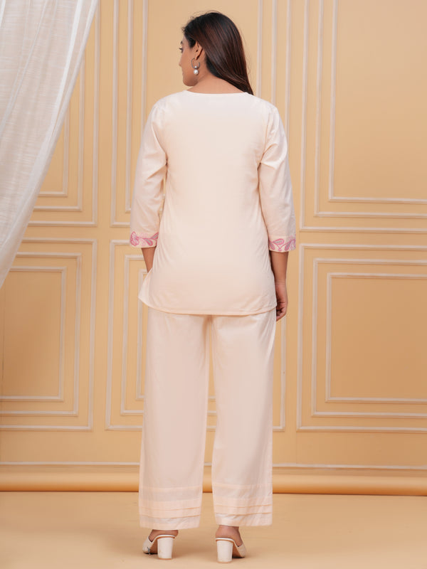 Beige Cotton Embroidered Co-ord Set with V-Neck Shirt & Pants