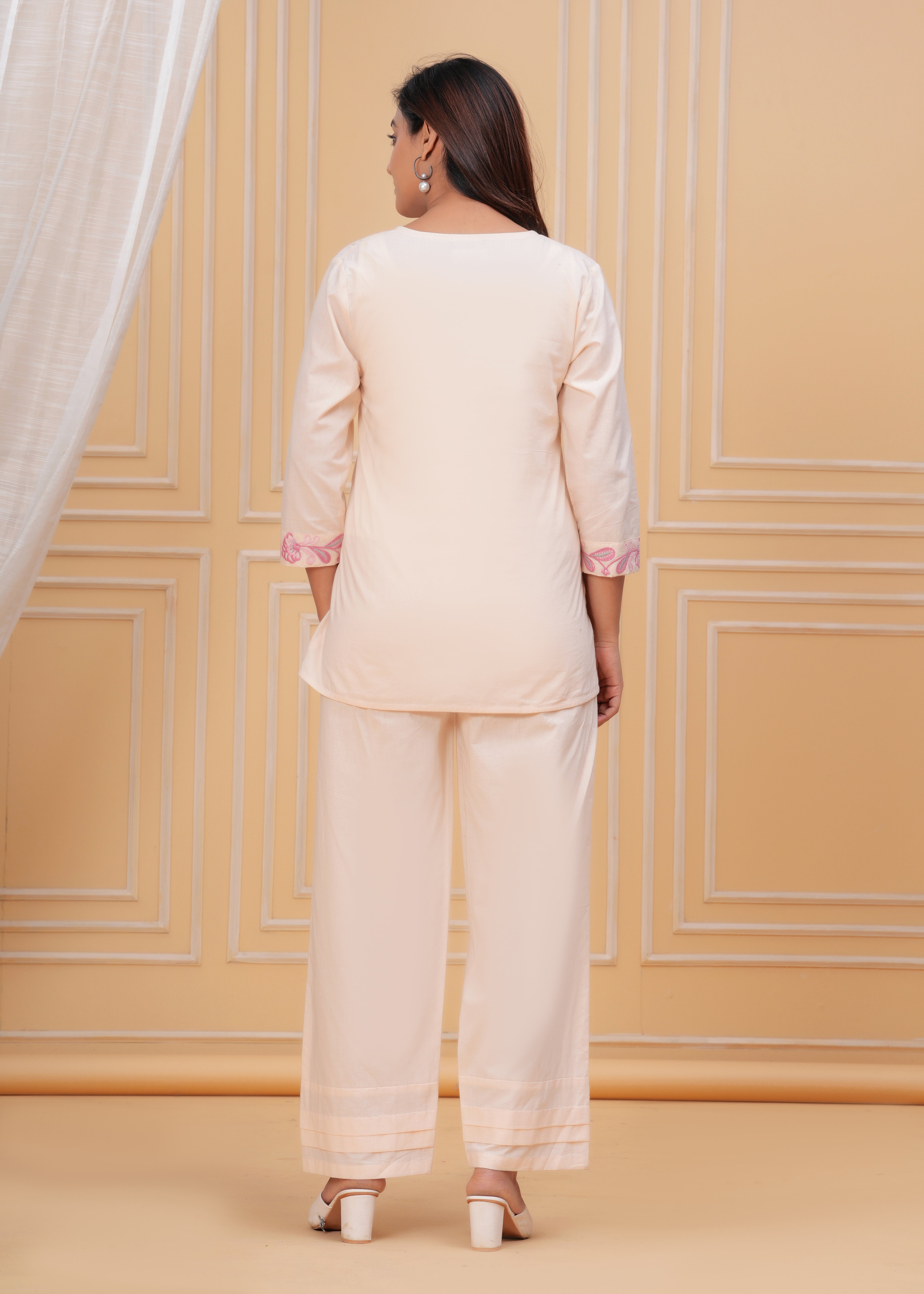 Beige Cotton Embroidered Co-ord Set with V-Neck Shirt & Pants