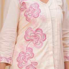 Beige Cotton Embroidered Co-ord Set with V-Neck Shirt & Pants