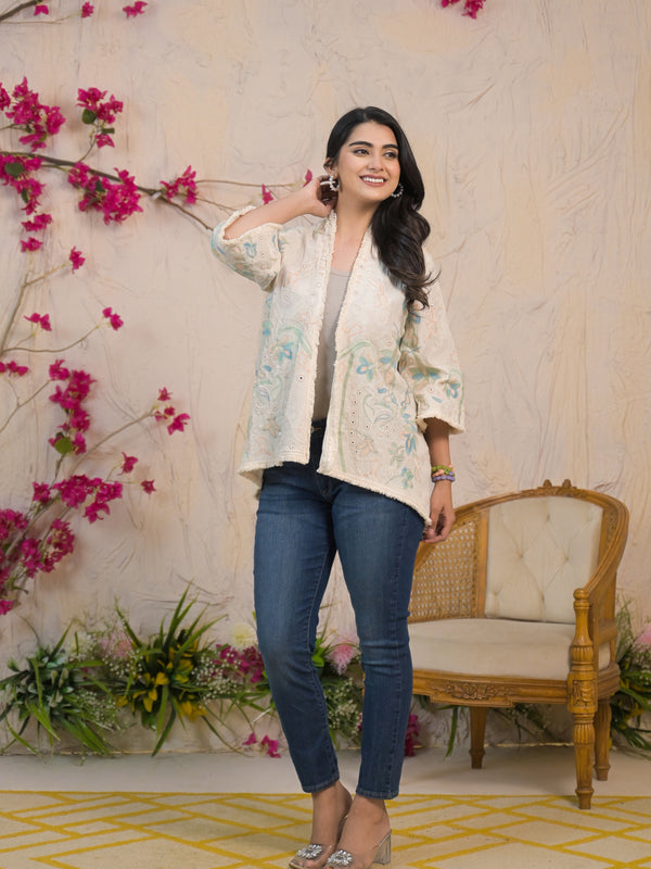 Cream Embroidered Cotton Flex Jacket