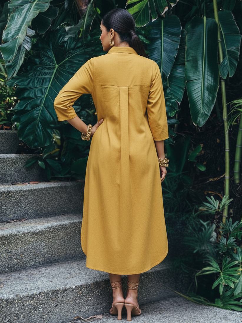 Mustard Yellow Floral Embroidered Cotton Shirt Dress