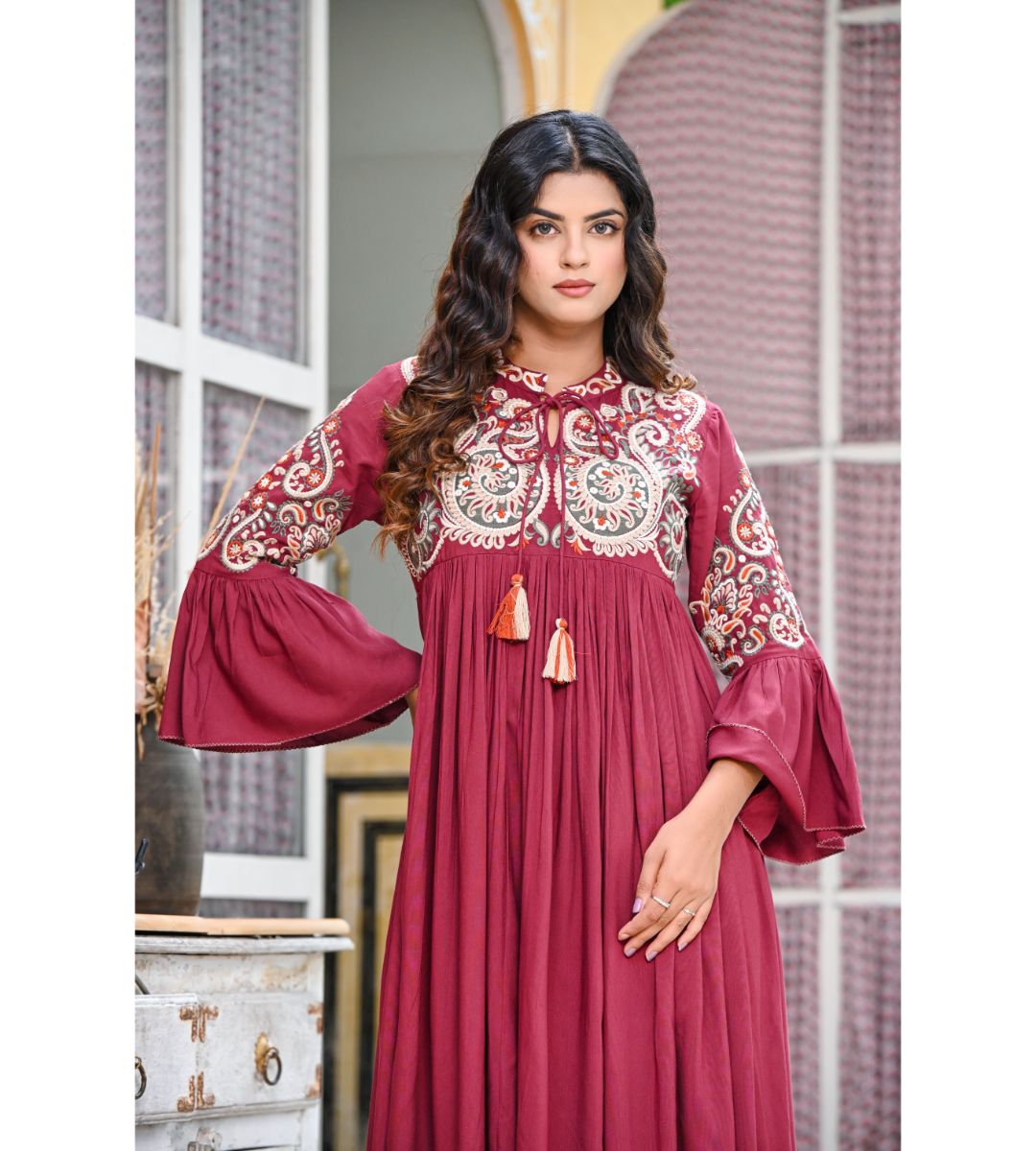 Maroon embroidered Maxi Dress