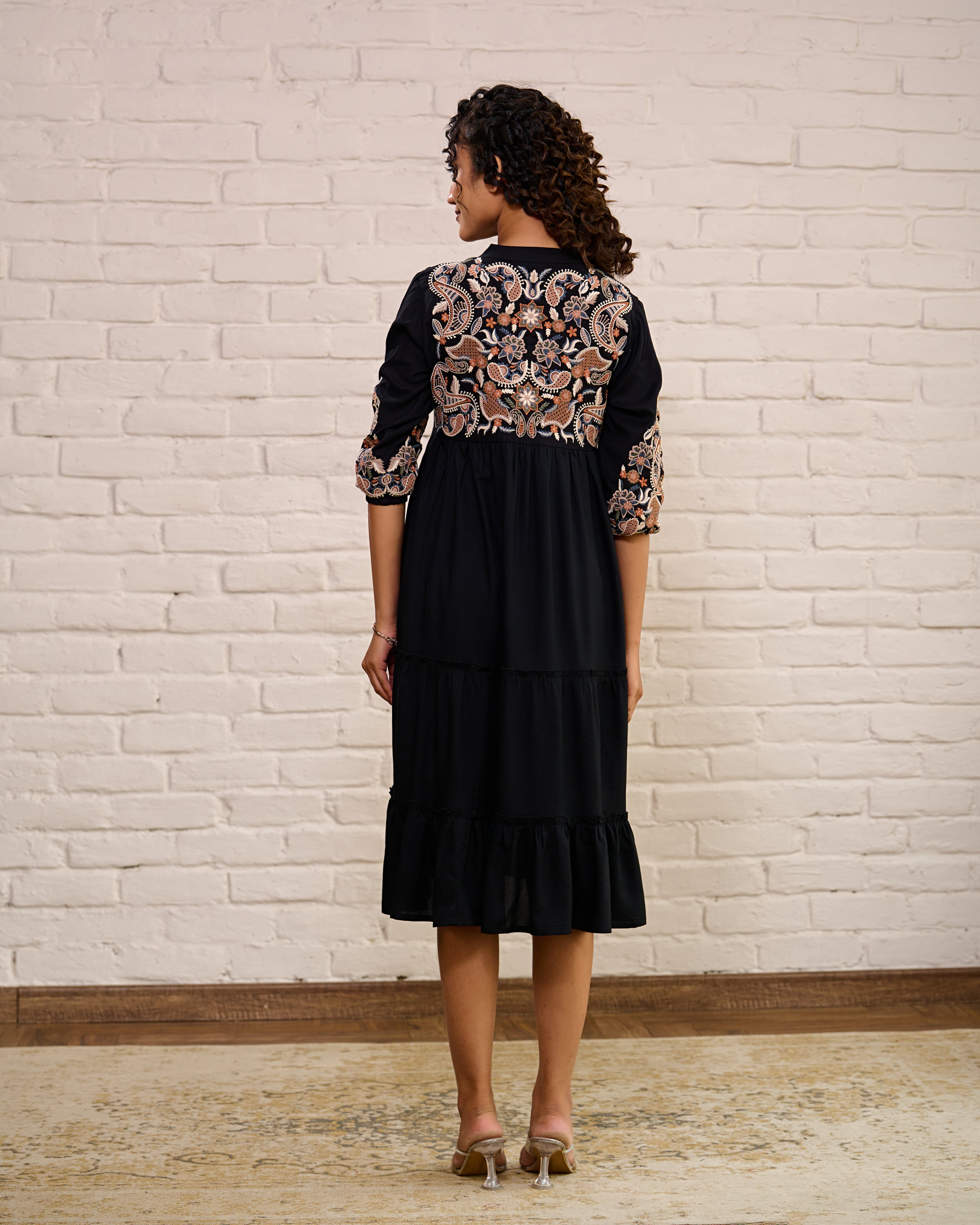 Black Embroidery Work Midi Dress