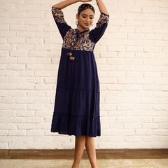 Navy Blue Cotton Midi Dress