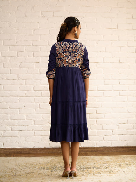Navy Blue Cotton Midi Dress