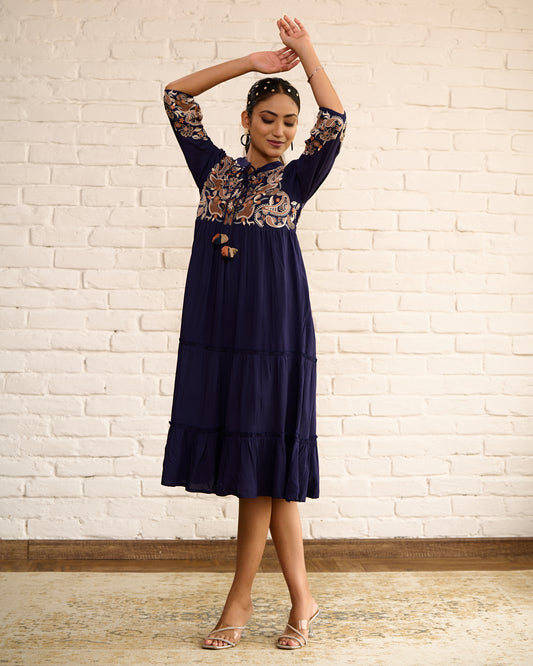 Navy Blue Cotton Midi Dress