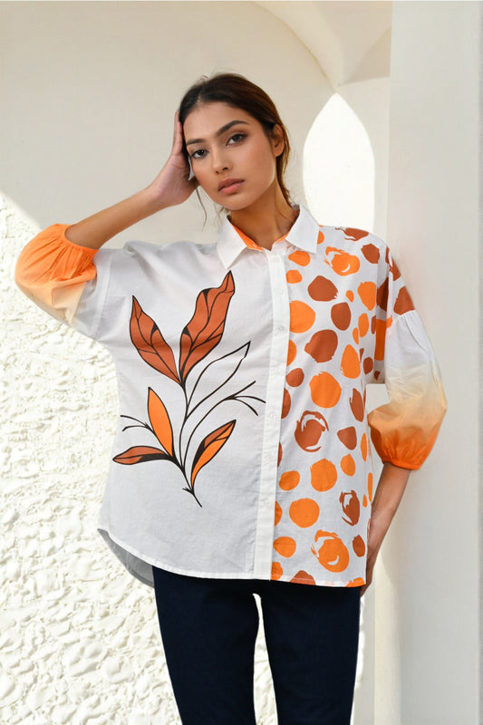 White & Orange Printed Cotton Collar Neck Top