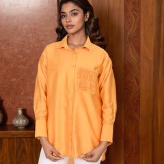 Yellow Embroidered Viscose Shirt with Closed Neck