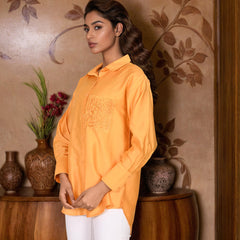 Yellow Embroidered Viscose Shirt with Closed Neck