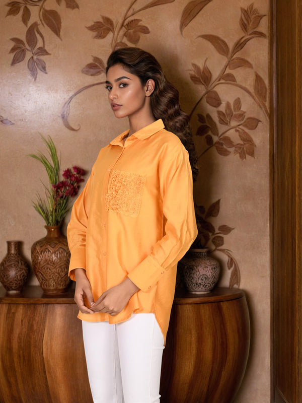 Yellow Embroidered Viscose Shirt with Closed Neck