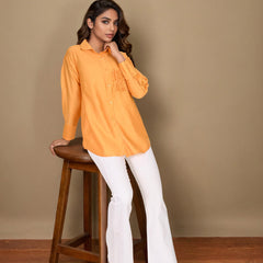 Yellow Embroidered Viscose Shirt with Closed Neck