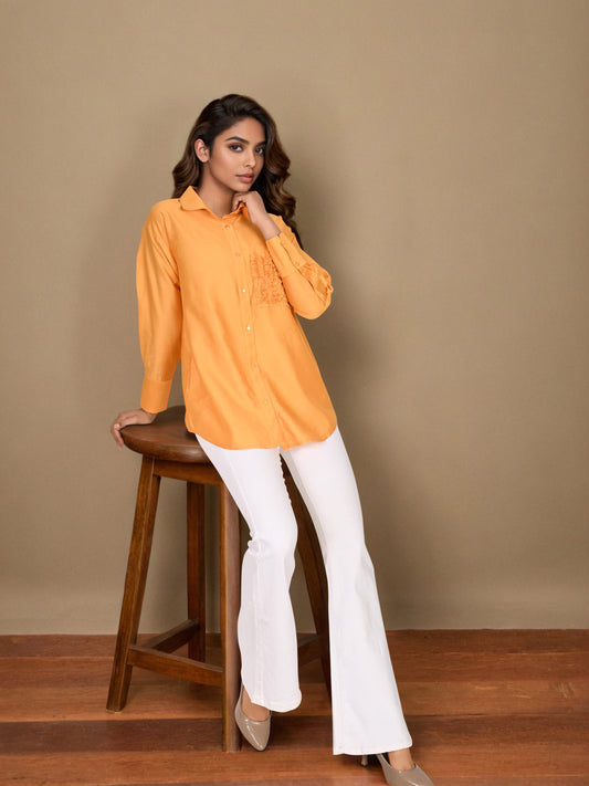 Yellow Embroidered Viscose Shirt with Closed Neck