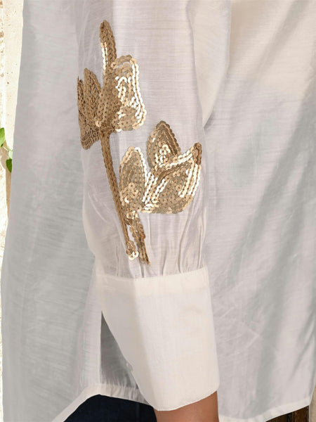 Women’s White Embroidered Viscose Crop Shirt with Collar Neck