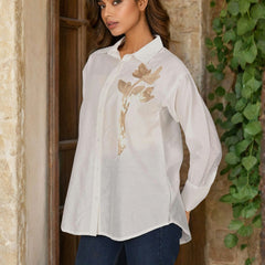 Women’s White Embroidered Viscose Crop Shirt with Collar Neck