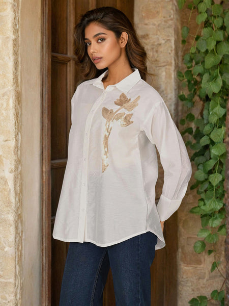 Women’s White Embroidered Viscose Crop Shirt with Collar Neck