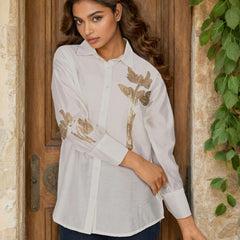 Women’s White Embroidered Viscose Crop Shirt with Collar Neck