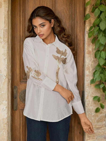 Women’s White Embroidered Viscose Crop Shirt with Collar Neck