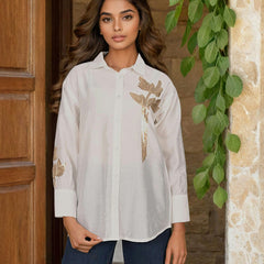 Women’s White Embroidered Viscose Crop Shirt with Collar Neck