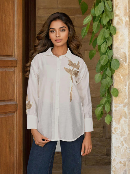 Women’s White Embroidered Viscose Crop Shirt with Collar Neck