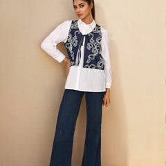 White & Blue Embroidered Denim Shirt with Collar Neck