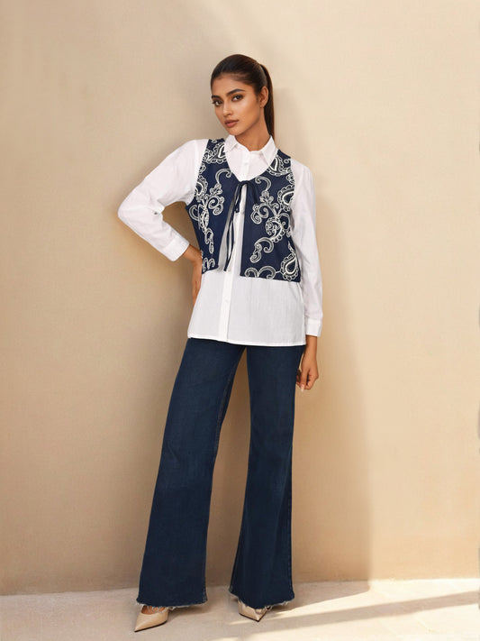 White & Blue Embroidered Denim Shirt with Collar Neck