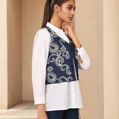 White & Blue Embroidered Denim Shirt with Collar Neck