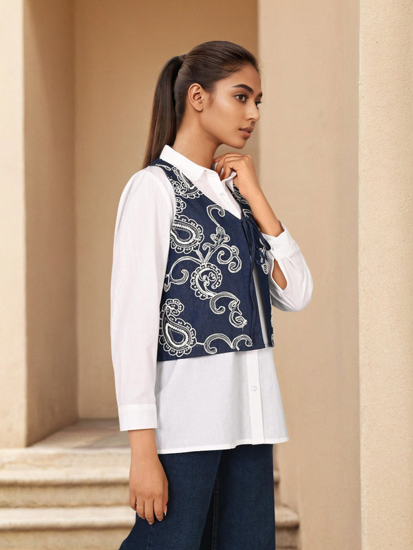 White & Blue Embroidered Denim Shirt with Collar Neck