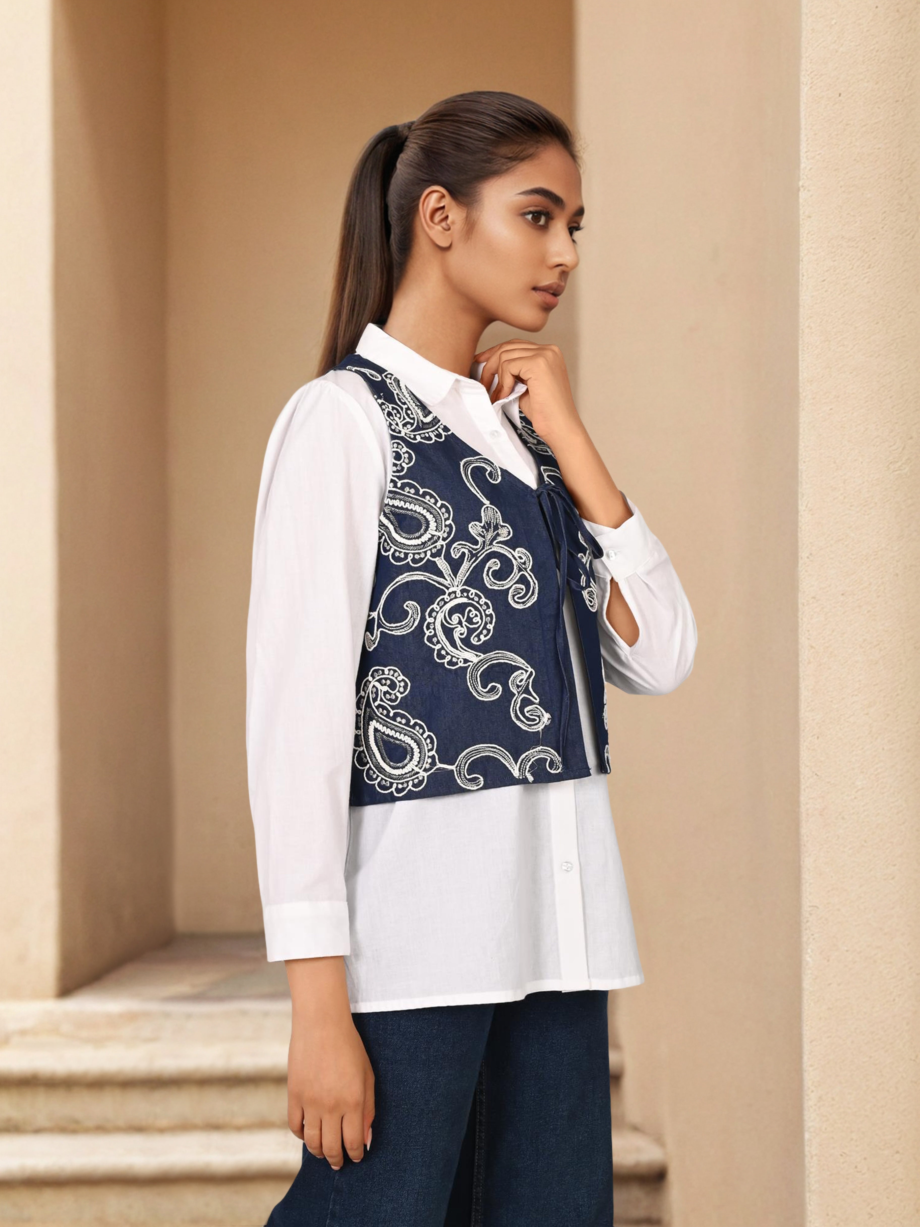 White & Blue Embroidered Denim Shirt with Collar Neck