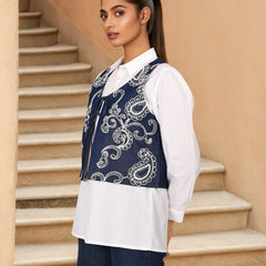 White & Blue Embroidered Denim Shirt with Collar Neck
