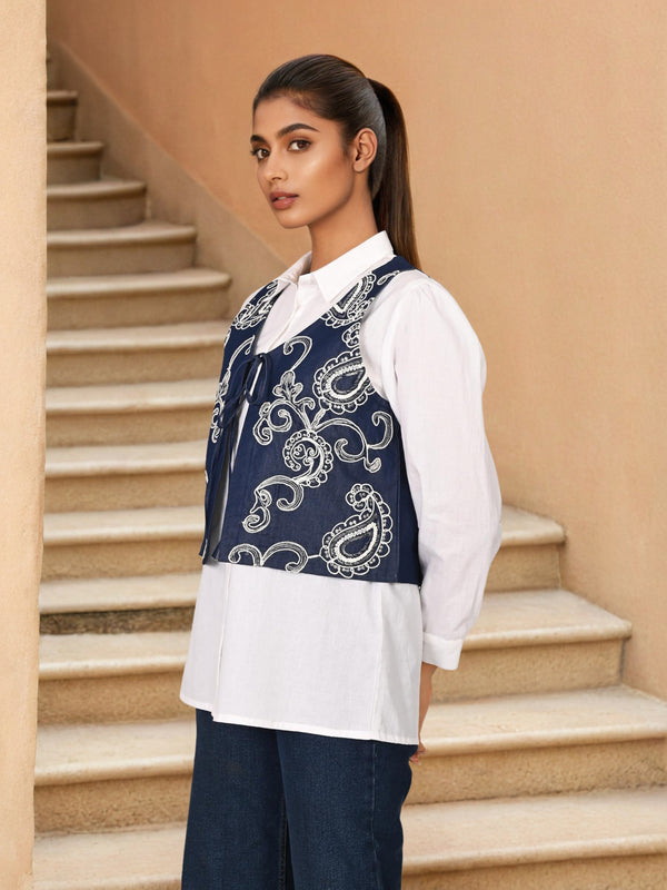 White & Blue Embroidered Denim Shirt with Collar Neck