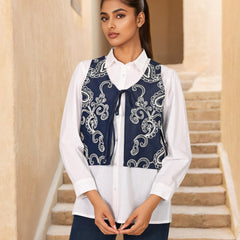 White & Blue Embroidered Denim Shirt with Collar Neck