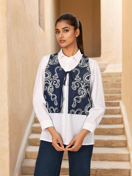 White & Blue Embroidered Denim Shirt with Collar Neck