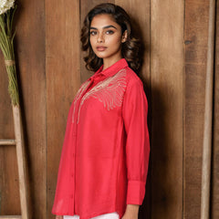 Red Embroidered Viscose Shirt with Collar Neck