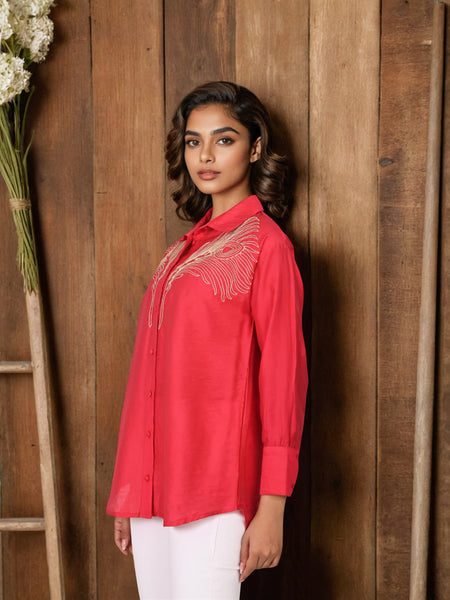 Red Embroidered Viscose Shirt with Collar Neck