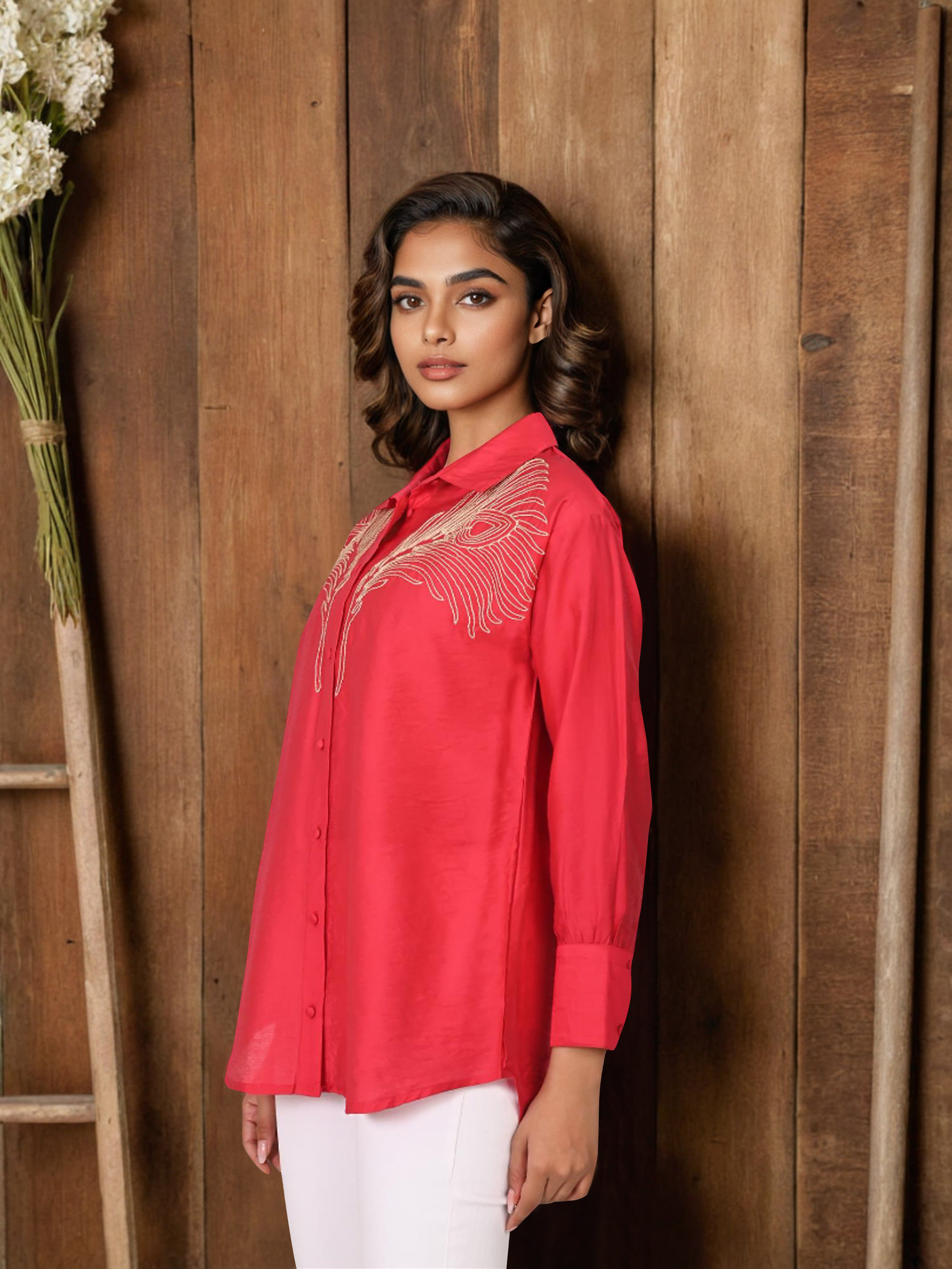 Red Embroidered Viscose Shirt with Collar Neck