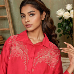 Red Embroidered Viscose Shirt with Collar Neck